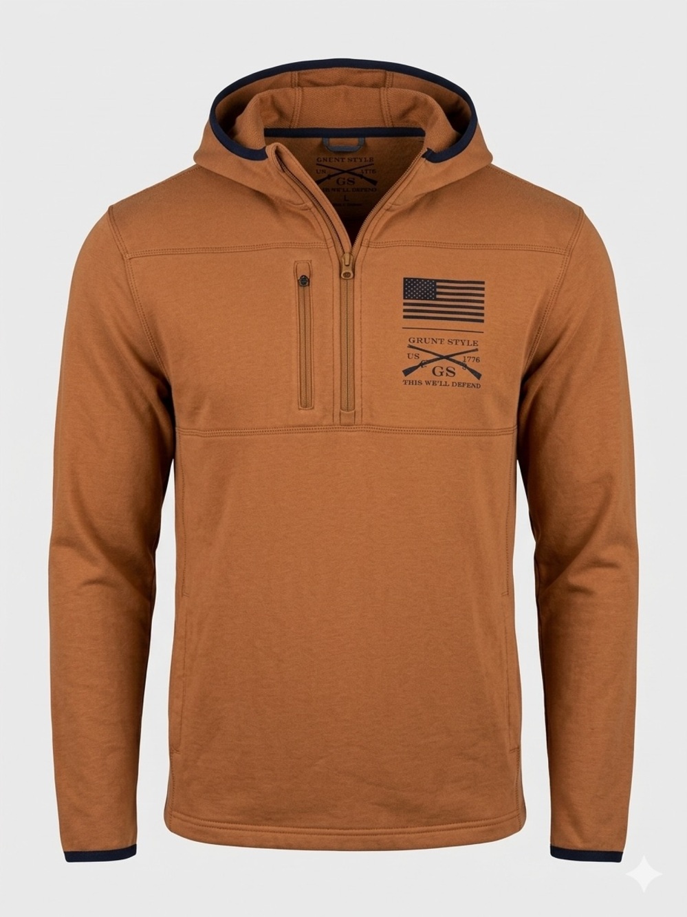 Grunt Style Caramel Brown Hooded Quarter-Zip Pullover with Flag Print